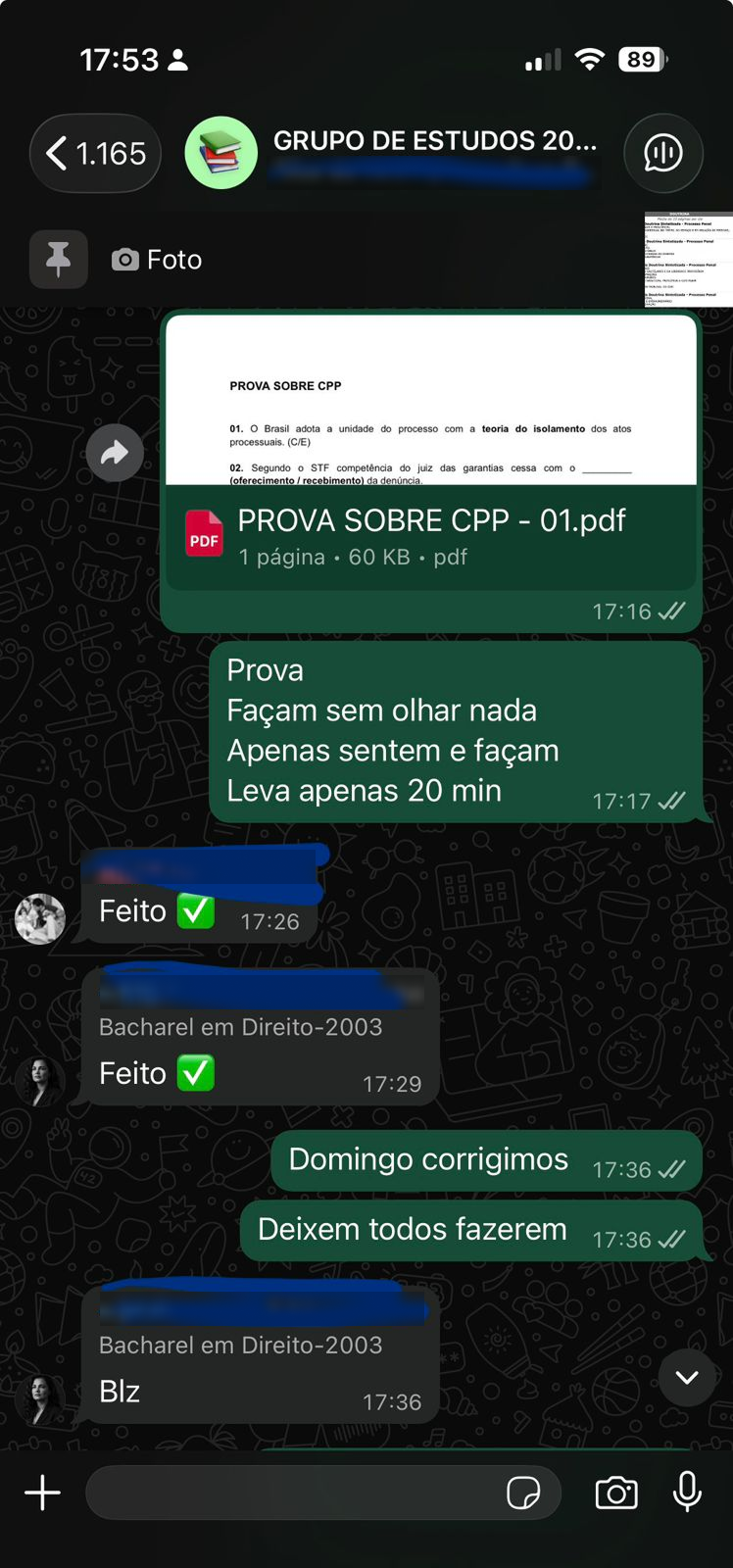 Depoimento de aluno no grupo de WhatsApp