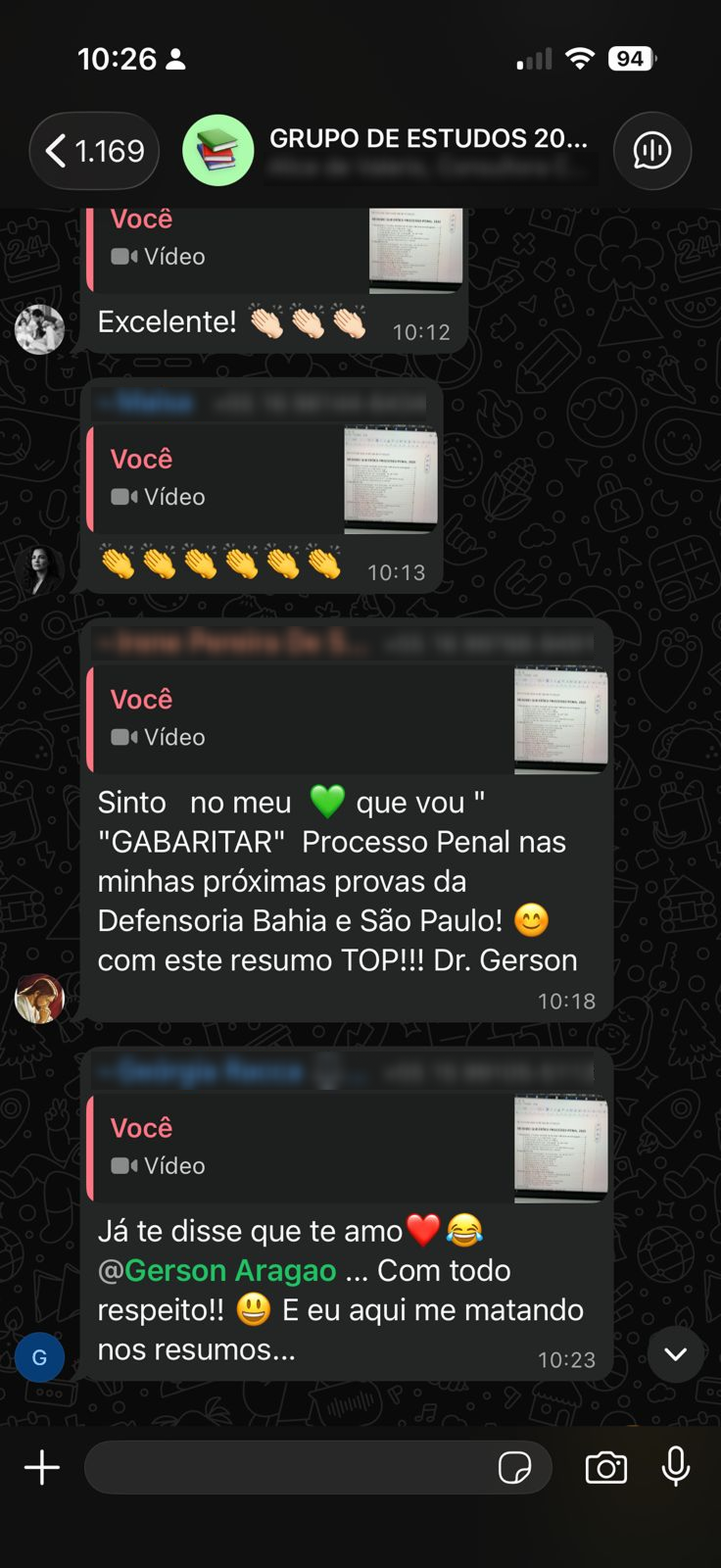 Depoimento de aluno no grupo de WhatsApp