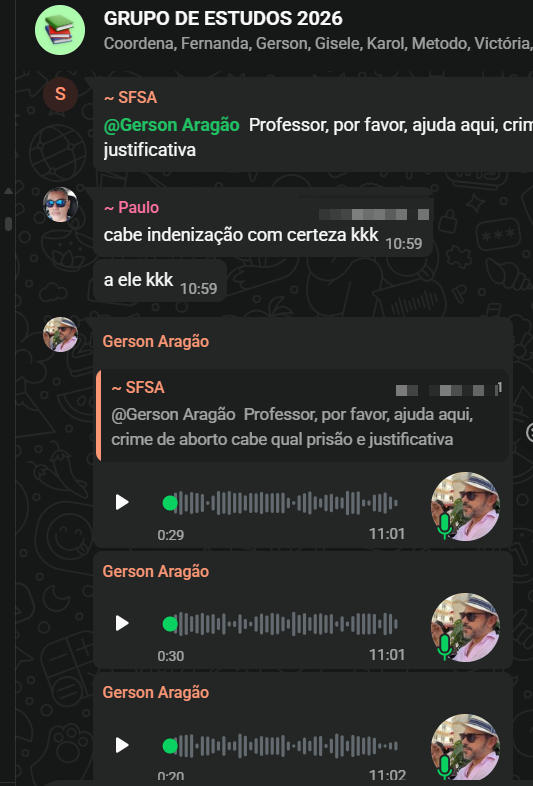 Gerson respondendo dúvida de aluno com áudios no grupo do WhatsApp