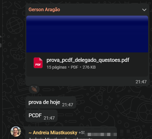 Gerson compartilhando material (prova PC-DF) no grupo do WhatsApp